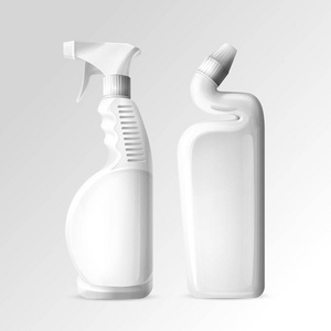 家用化学药品. 卫生间或浴室清洁剂和玻璃 clenser 喷雾3d 逼真瓶模型的矢量说明