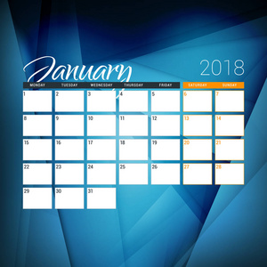 2018年1月。具有抽象背景的日历规划器设计模板。本周开始于星期一