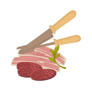 矢量肉切肉烧烤牛腩或辣香肠熟食块和切片与屠宰餐具烹饪食谱或美食