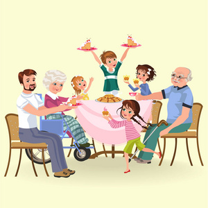 一家人在家里吃晚饭, 快乐的人一起吃食物, 爸爸妈妈把爷爷坐在餐桌旁, 女孩照顾老祖母, 孩子们拿着蛋糕矢量插图
