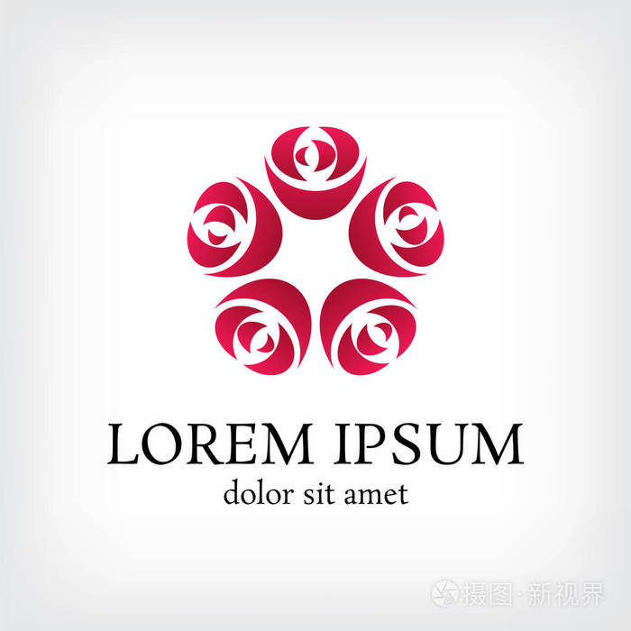 红色花束玫瑰矢量标志设计模板最小花瓣美容图标花卉抽象标志插图