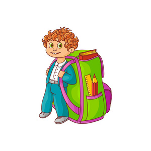 小男孩与大背包和学校用品站在一致的微笑和快乐