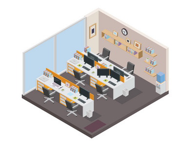 现代等距创业创意办公空间场景室内设计，适用于游戏资产信息网络横幅打印设计图表和其他相关场合。