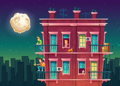 的天空下, 农村地区有花园的私人房子可爱的现代图形平房房子与树木