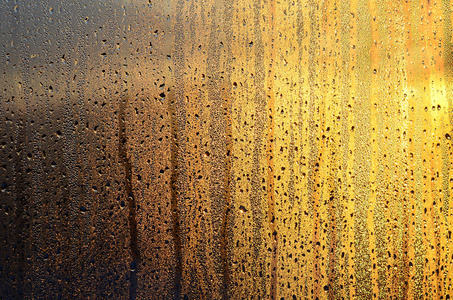 雾状玻璃的质地,有大量的水滴和水滴在黎明的阳光下凝结.