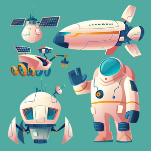 矢量卡通剪贴画与空间探索物体宇航员在宇航服漫游者航天飞船飞行跨越宇宙研究站与太阳能电池。 未来概念