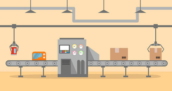 包装过程工厂输送机包装平整. 带有纸板箱的自动生产线.