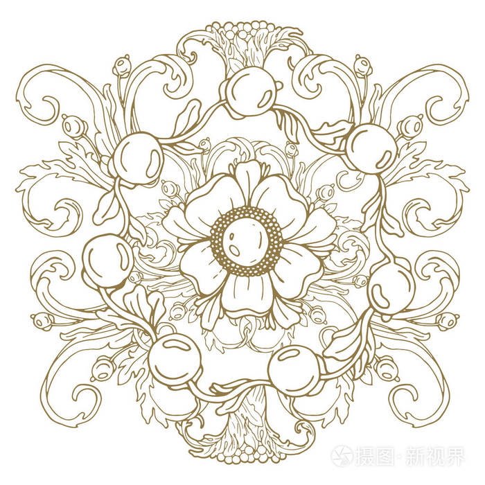 金色复古巴洛克装饰复古风格棘皮. 装饰设计元素丝状矢量. 手绘插图.