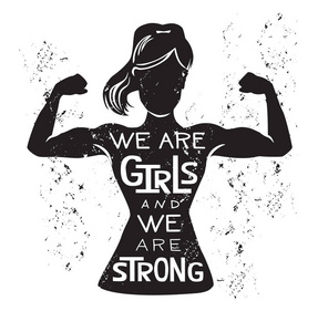 女孩的力量 矢量刻字插图与黑色女性剪影做二头肌卷曲和手写鼓舞人心