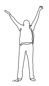 欢呼的人张开双臂.连续线图.在白色背景上被隔离.矢量单色, 按行绘制.