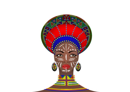 非洲部落头饰女性祖鲁, 可爱的南非妇女肖像。典型的已婚妇女服装, 班图国家的年轻女孩。非洲部落画的面孔与种族珠宝。矢量隔离或白色