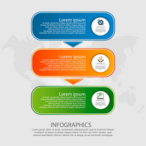 现代向量例证。图表模板与三个元素, 箭头的矩形。循序渐进。为商务演示网页设计时间线元素图表提供3个步骤而设计