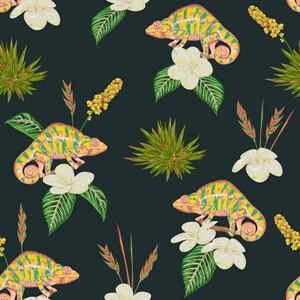 热带花卉树叶和变色龙的无缝图案。 异国植物背景。 水彩风格的矢量插图