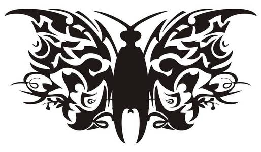由鹦鹉头元素形成的民族蝴蝶。 不寻常的部落黑色蝴蝶刺绣，雕刻艺术纹身和另一个白色背景