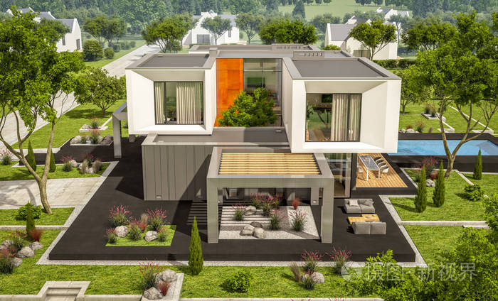 3d 现代住宅在园林中的渲染