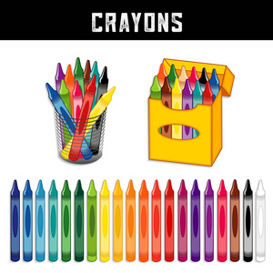 蜡笔在20彩虹颜色的蜡蜡笔桌组织者为学校家庭办公室艺术和工艺项目剪贴簿隔离在白色背景。