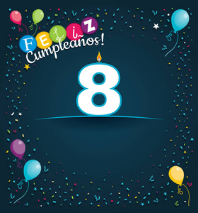 8岁生日,用西班牙语贺卡,白色蜡烛,以数字形式出现,背景是深蓝色背景