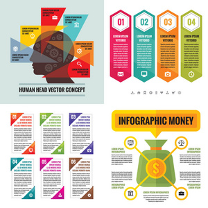 信息元素模板商业概念横幅，用于展示小册子网站等设计项目。文摘信息创意布局矢量集。人头。为美元融资。