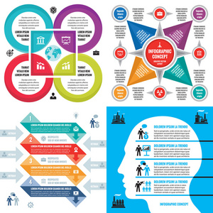 业务信息模板概念向量插图。抽象横幅集。广告宣传版面征集进行展示..人头。编号步骤选项。平面设计要素。