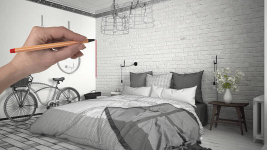 手绘自定义斯堪的纳维亚最低限度的白色卧室。量身定做的未完工项目建筑室内设计