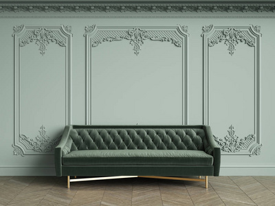 绿色簇绒沙发在经典复古内部与复制空间。橄榄墙与模塑和装饰檐口。 地板拼花人字形数字插图。 3D渲染