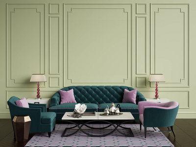 经典的室内绿色和粉红色的颜色。沙发, 椅子, sidetables