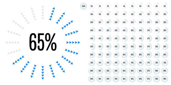 从0到100的圆圈百分比图集，可用于网页设计用户界面U I或带有蓝色的信息图表指示器