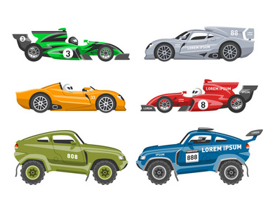 运动赛车矢量速车和越野拉力赛汽车彩色快速赛车汽车司机运输赛车插画