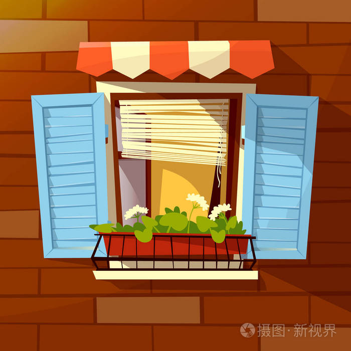 房子门面矢量卡通插图旧公寓窗百叶窗和花盆外视图
