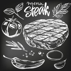 烤地瓜插画食品肉类, 牛排, 烧烤, 蔬菜套装, 手绘矢量插画写实素描