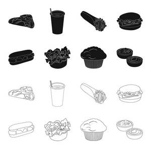 食物, 休息, 茶点, 和其他网页图标的黑色, 轮廓风格。蛋糕, 饼干, 奶油, 集合中的图标
