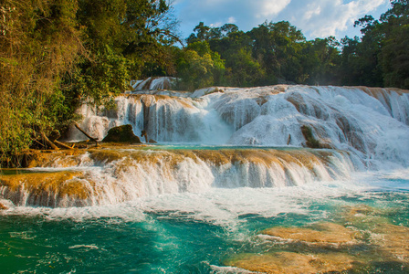 令人惊叹的瀑布与绿松石游泳池周围的绿色树木的看法。agua azul, chiapas, palenque, mexico