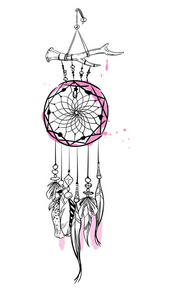 矢量插图与手工绘制的梦想捕手粉红色的口音。羽毛和珠子