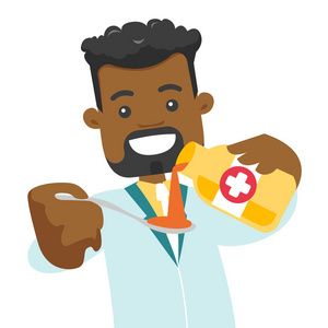 吃药卡通非洲药剂师在勺子里浇止咳糖浆照片