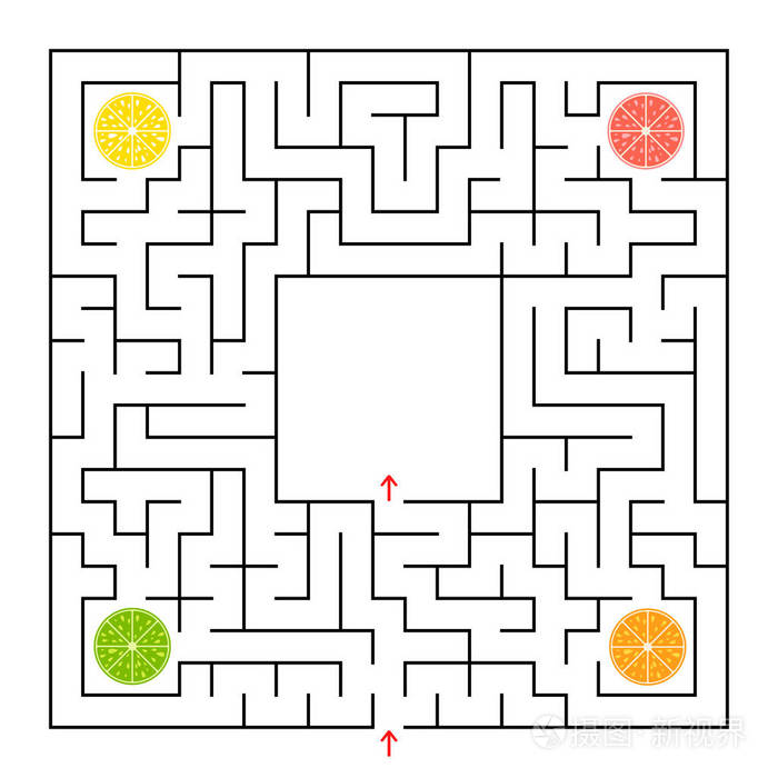 一个方形的迷宫收集所有的水果裂片并找到出路的迷宫简单平面孤立向量