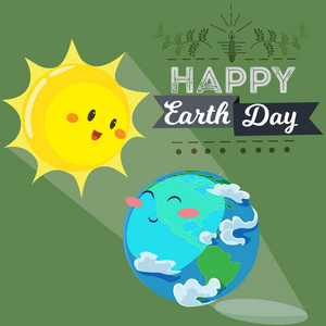 地球日, 快乐的太阳用它的黄色温暖的光线加热地球, 爱世界的生态概念