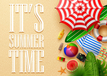 s summer time banner with tropical leaves, camera, umbrella, sur