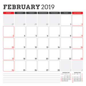 2019年2月日历规划师。星期从星期日开始。可打印矢量信纸设计模板