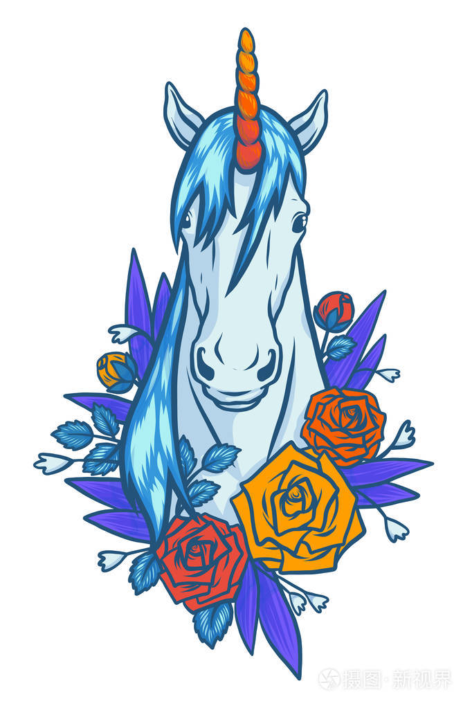 神奇可爱的独角兽插画卡通梦幻动物卡片和衬衣艺术为女孩被隔绝在白色