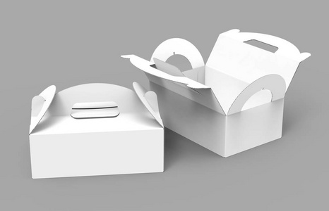 带手柄空白纸盒的外卖纸箱，设置为3D渲染设计，使用一个打开和另一个关闭