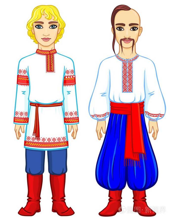 斯拉夫人。 俄罗斯和乌克兰传统服装男子的动画肖像。 东欧。 童话人物。 全面增长。 在白色背景上隔离的矢量插图。