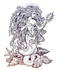 美丽的美人鱼女孩与童话魔镜图片