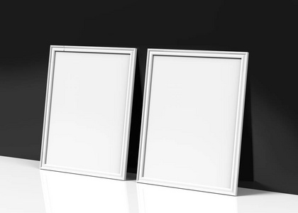 白色相框3D渲染薄框与空空间装饰使用斜靠黑墙