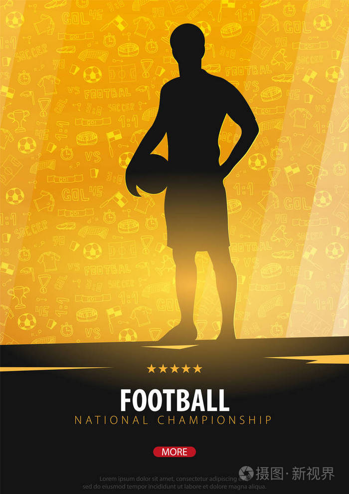 足球或足球设计海报与手画涂鸦元素的背景和足球运动员的剪影.