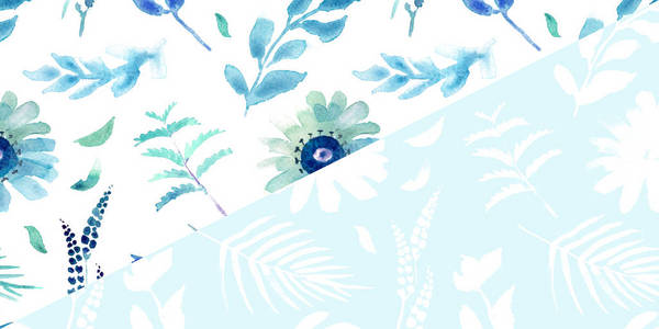 春季花卉无缝蓝色植物图案。新鲜春季水彩花卉无缝图案为婚礼卡片无缝图案背景的网站和移动应用程序和有机食品标志和横幅。