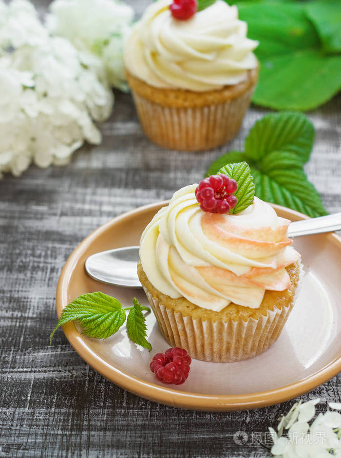 精致香草蛋糕与奶油和覆盆子在黑暗的木质背景
