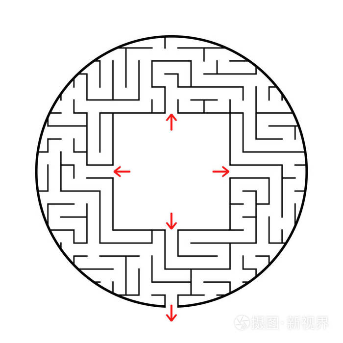 圆迷宫与四入口和一个出口在白色背景上隔离的简单平面矢量插图为你画