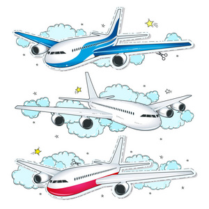 矢量集飞机, 漫画风格多彩的图标平面