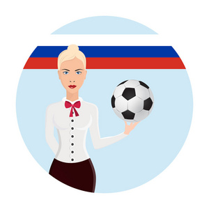 女孩拿着足球, 标志足球杯足球。图案设计的横幅与现代抽象和图案的背景。现实孤立向量球