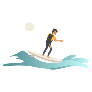 夏季海和海洋活动在白色背景上隔离冲浪板上的泳装骑浪的年轻人